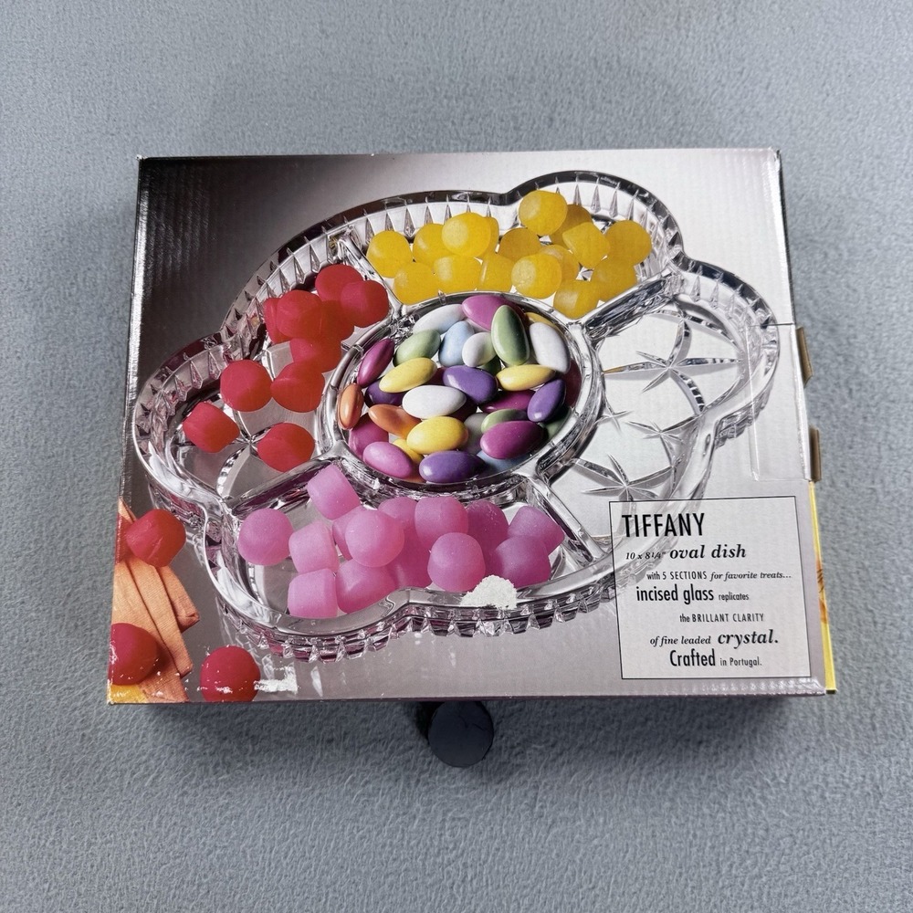 Laura Tiffany Glass Divided Dish Oval 5-Sections Heavy Crystal 10x8 Original Box